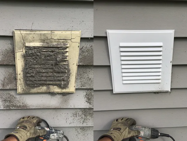 Windsor Locks Dryer Vent Cleaning technician installing high-quality dryer vent cover at a residential property in Windsor Locks