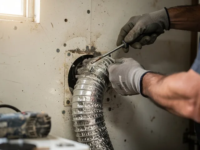 Windsor Locks Dryer Vent Cleaning technician performing precise dryer vent hose installation in Windsor Locks